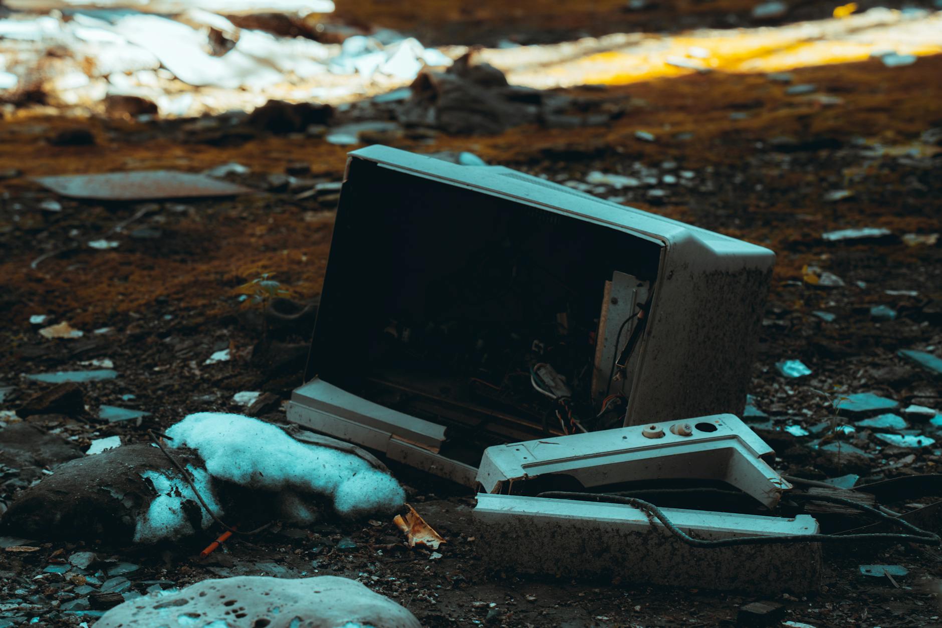 Rozbity ekran telewizora leżący wśród gruzów opuszczonego miasta
